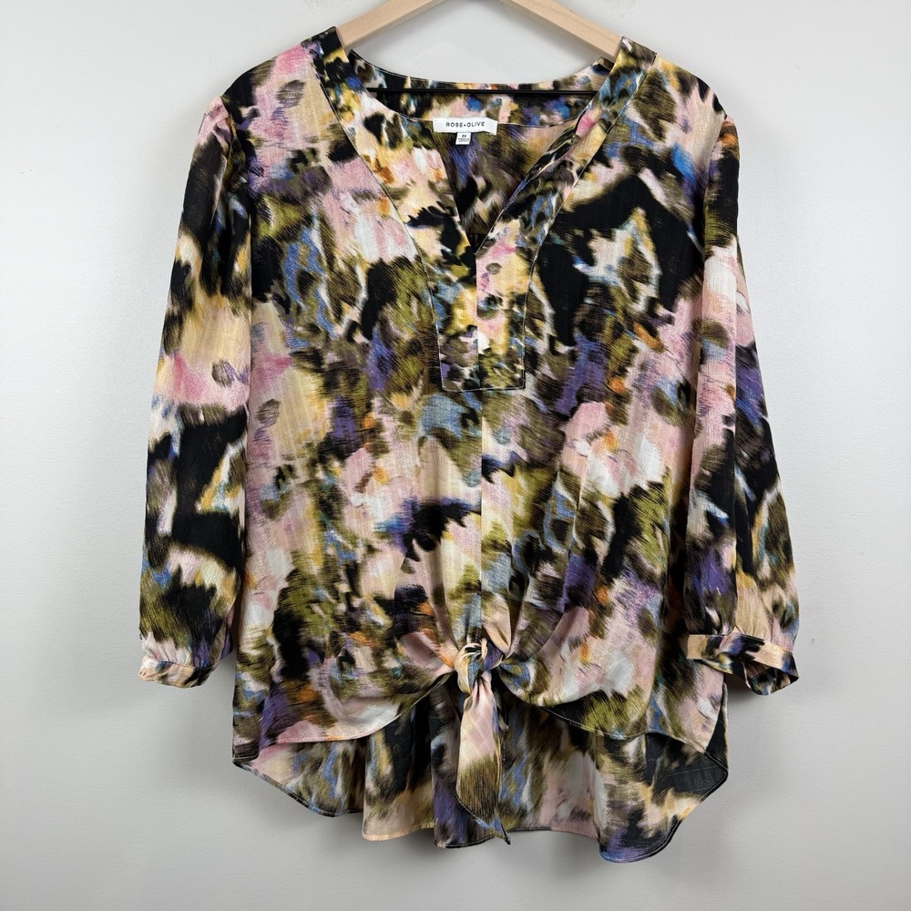 Rose + Olive Top Women 2X Multi Printed Popover Blouse Art Peasant Mature Retro